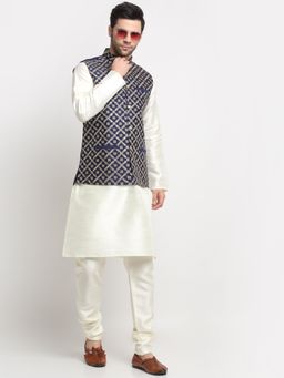 Kraft India - Men Silk Cream Kurta Churidar with Navy Blue Embroidered Nehru Jacket (Set of 3)