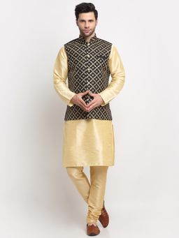 Kraft India - Men Silk Beige Kurta and Churidar with Black Embroidered Nehru Jacket (Set of 3)