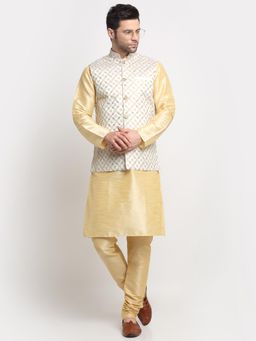 Kraft India - Men Silk Beige Kurta and Churidar with Cream Embroidered Nehru Jacket (Set of 3)