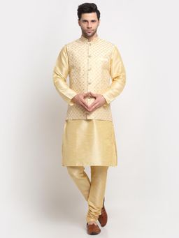 Kraft India - Men Silk Beige Kurta and Churidar with Beige Embroidered Nehru Jacket (Set of 3)