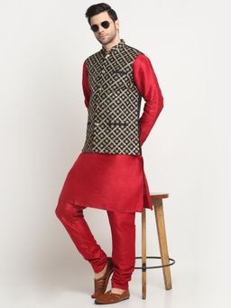 Kraft India - Men Silk Maroon Kurta and Churidar with Black Embroidered Nehru Jacket (Set of 3)