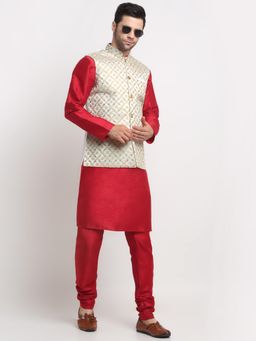 Kraft India - Men Silk Maroon Kurta and Churidar with Cream Embroidered Nehru Jacket (Set of 3)