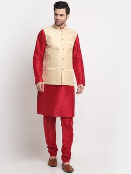 Kraft India - Men Silk Maroon Kurta and Churidar with Beige Embroidered Nehru Jacket (Set of 3)