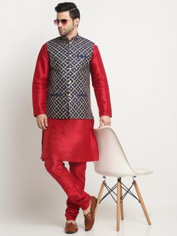 Kraft India - Men Silk Maroon Kurta Churidar with Navy Blue Embroidered Nehru Jacket (Set of 3)