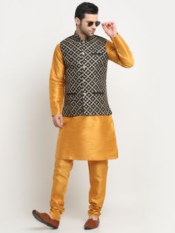 Kraft India - Men Silk Mustard Kurta and Churidar with Black Embroidered Nehru Jacket (Set of 3)