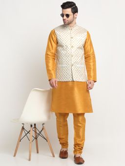 Kraft India - Men Silk Mustard Kurta and Churidar with Cream Embroidered Nehru Jacket (Set of 3)