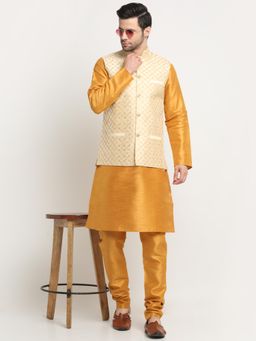 Kraft India - Men Silk Mustard Kurta and Churidar with Beige Embroidered Nehru Jacket (Set of 3)