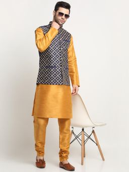 Kraft India - Men Silk Mustard Kurta Churidar with Navy Blue Embroidered Nehru Jacket (Set of 3)
