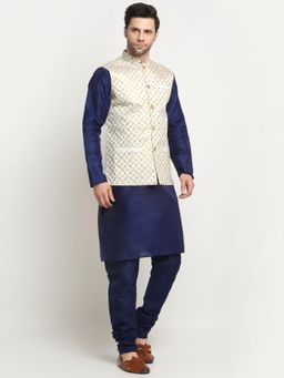 Kraft India - Men Silk Navy Blue Kurta Churidar with Cream Embroidered Nehru Jacket (Set of 3)