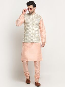 Kraft India - Men Silk Peach Kurta and Churidar with Cream Embroidered Nehru Jacket (Set of 3)