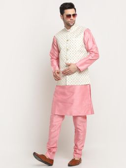 Kraft India - Men Silk Pink Kurta and Churidar with Cream Embroidered Nehru Jacket (Set of 3)