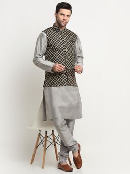 Kraft India - Men Silk Silver-Toned Kurta Churidar with Black Embroidered Nehru Jacket (Set of 3)