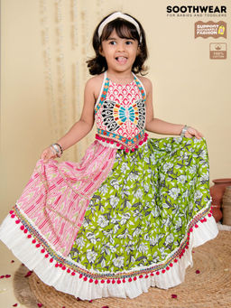 HALEMONS - Embroidered Cotton Sleeveless Pleated Lehenga & Choli (Set of 2)