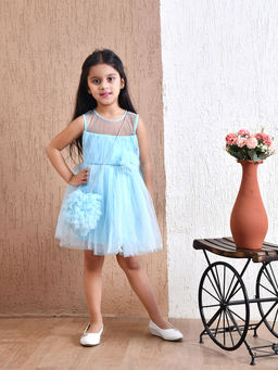 Bella Moda - Blue Cotton Sequin Embellished Net Dress With Sling Bag