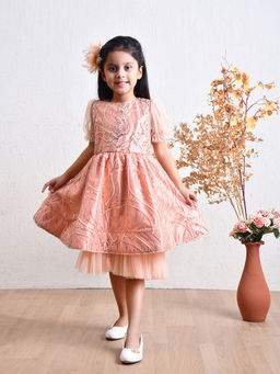 Bella Moda - Peach Cotton Floral Sequin Embellished Party Dress