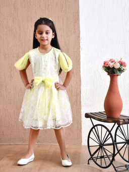 Bella Moda - Yellow Cotton Cold Shoulder Sequence Party Dress