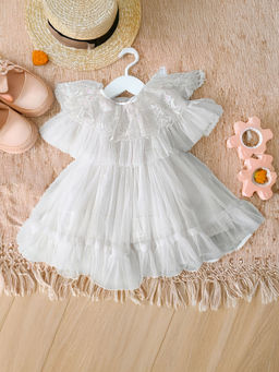 Bella Moda - White Cotton Half Flutter Sleeves Sequin Embellished Dress