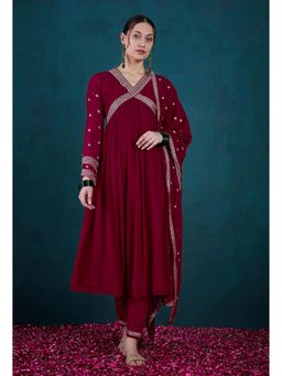 KVS FAB - Burgundy Georgette Embroidered A Line Kurta with Pant and Dupatta (Set of 3)