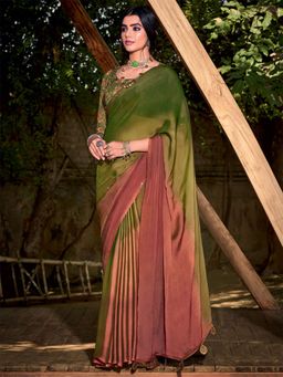 Odette - Womens Chiffon Dark Green Embellished Designer Saree with Unstitched Blouse