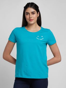Spykar - Women Blue Blended Regular Fit Printed Round Neck T-Shirt