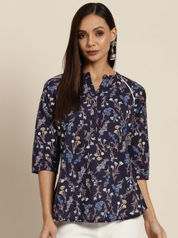 Rain & Rainbow - Women Navy Blue Floral Printed V-neck Tops