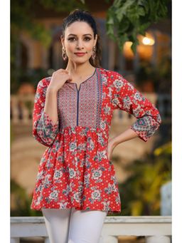 Rain & Rainbow - Women Red Floral Printed Pure Cotton A-line Kurti