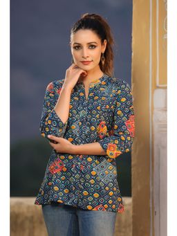 Rain & Rainbow - Women Navy Blue Bandhani Printed Pure Cotton A-line Kurti