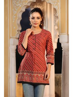 Rain & Rainbow - Women Rust Ethnic Motifs Printed Pure Cotton Straight Kurti