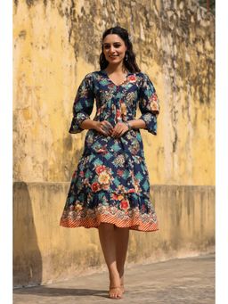 Rain & Rainbow - Women Blue Floral Printed Pure Cotton A-line Knee Length Dress
