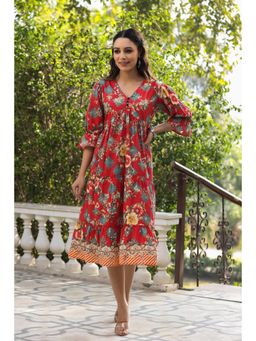 Rain & Rainbow - Women Red Floral Printed Pure Cotton A-line Knee Length Dress
