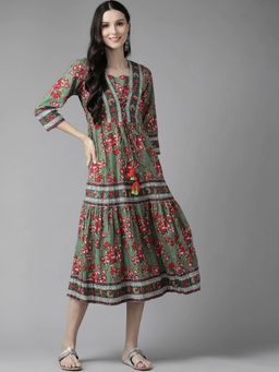 Rain & Rainbow - Women Green Floral Printed Cotton Midi Dress