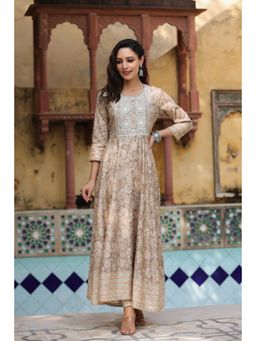 Rain & Rainbow - Women Beige Floral Printed Embroidered Anarkali Kurta