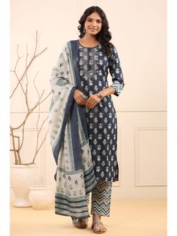 Rain & Rainbow - Navy Blue Floral Embroidered Straight Kurta With Trousers & Dupatta (Set of 3)