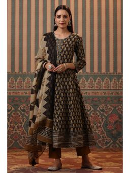 Rain & Rainbow - Mustard Printed Cotton Anarkali Kurta With Trousers & Dupatta (Set of 3)