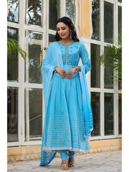 Rain & Rainbow - Blue Embroidered Sequinned Anarkali Kurta With Churidar & Dupatta (Set of 3)