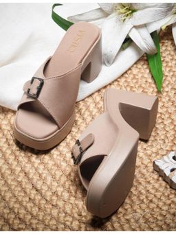 VYSTIQ - Women Beige Trendy Buckle Strap Block Heels
