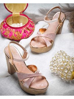 VYSTIQ - Women Rose Gold Stylish Block Heels with Golden Base and Cross-Strap Design