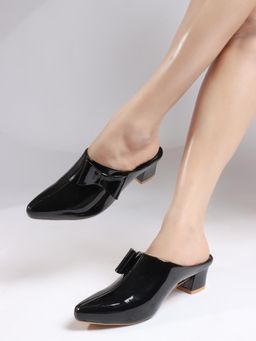 VYSTIQ - Women Black Stylish Glossy Bow Mules Heels with Comfortable and Slip-On Design