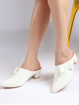 VYSTIQ - Women Off White Stylish Glossy Bow Mules Heels