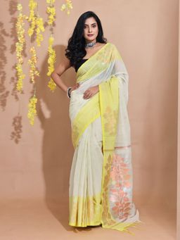 CHARUKRITI - Off White Cotton Handspun Zari Woven Floral Designs Saree with Unstitched Blouse