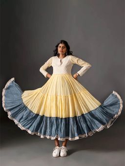 Aravalii - Yellow and Grey Malmal Maxi Dress