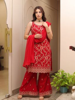 Odette - Maroon Faux Georgette Embroidered Semi Stitched Dress Material (Set of 3)