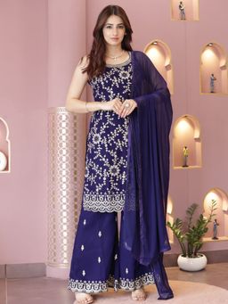 Odette - Blue Faux Georgette Embroidered Semi Stitched Dress Material (Set of 3)