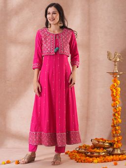 FASHOR - Floral Embroidered Anarkali Flared Kurta with Short Jacket and Pant (Set of 3)