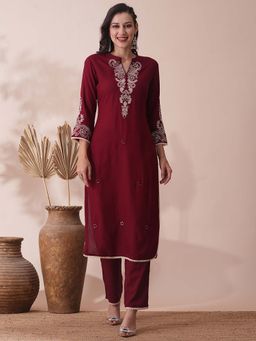 FASHOR - Ethnic Floral and Embroidered Straight Fit Co-Ord (Set of 2)