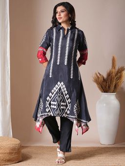 FASHOR - Ethnic Geometric Printed A-Line High Low Kurta with Pant (Set of 2)