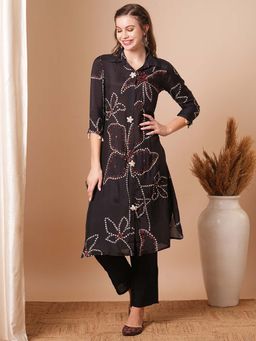 FASHOR - Ethnic Bandhani Printed and Embroidered Straight Fit Kurta with Pant (Set of 2)