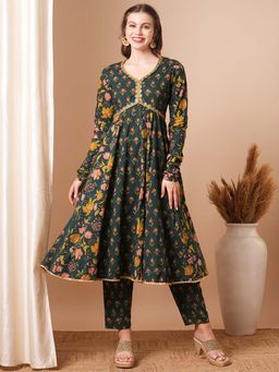 FASHOR - Ethnic Floral Printed and Embroidered Anarkali Flared Kurta with Pant (Set of 2)