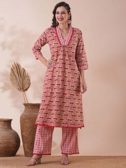FASHOR - Ethnic Geometric Printed A-Line Pleated Kurta with Palazzo (Set of 2)