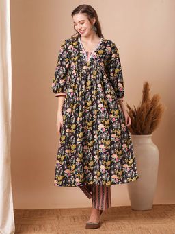FASHOR - Ethnic Floral Printed A-Line Pleated Kurta with Palazzo (Set of 2)